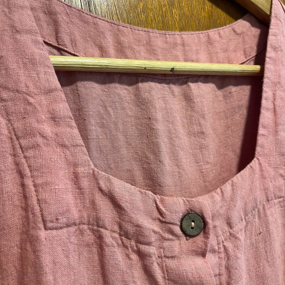 Handmade Tiered Linen Dress with Squared Neckline, Salmon/Peach, XL - Picture 6 of 9